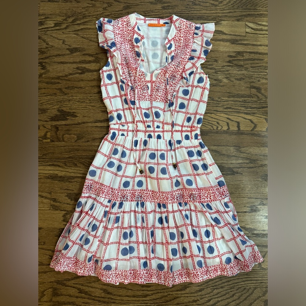OLIPHANT White Dress with Red and Blue Pattern
